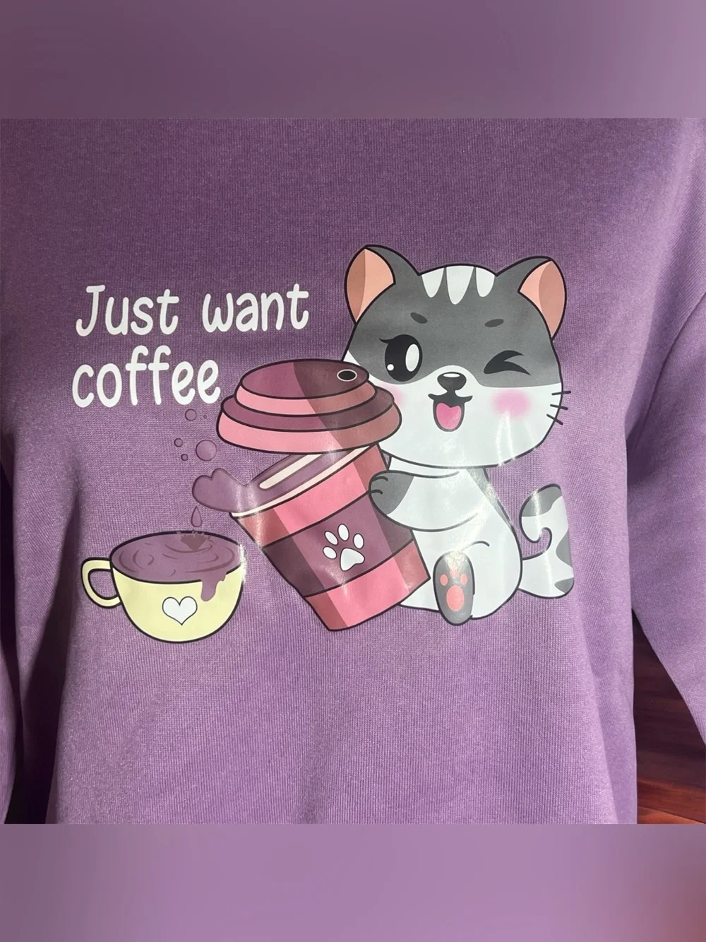 Cat Coffee Graphic Sweatshirt - Purple